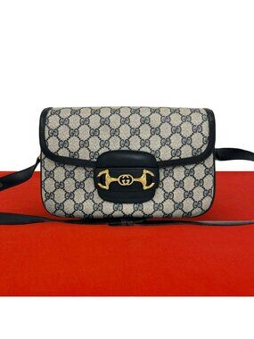 Gucci Vintage GG Pattern Horsebit Leather 2-Way Shoulder Bag Navy